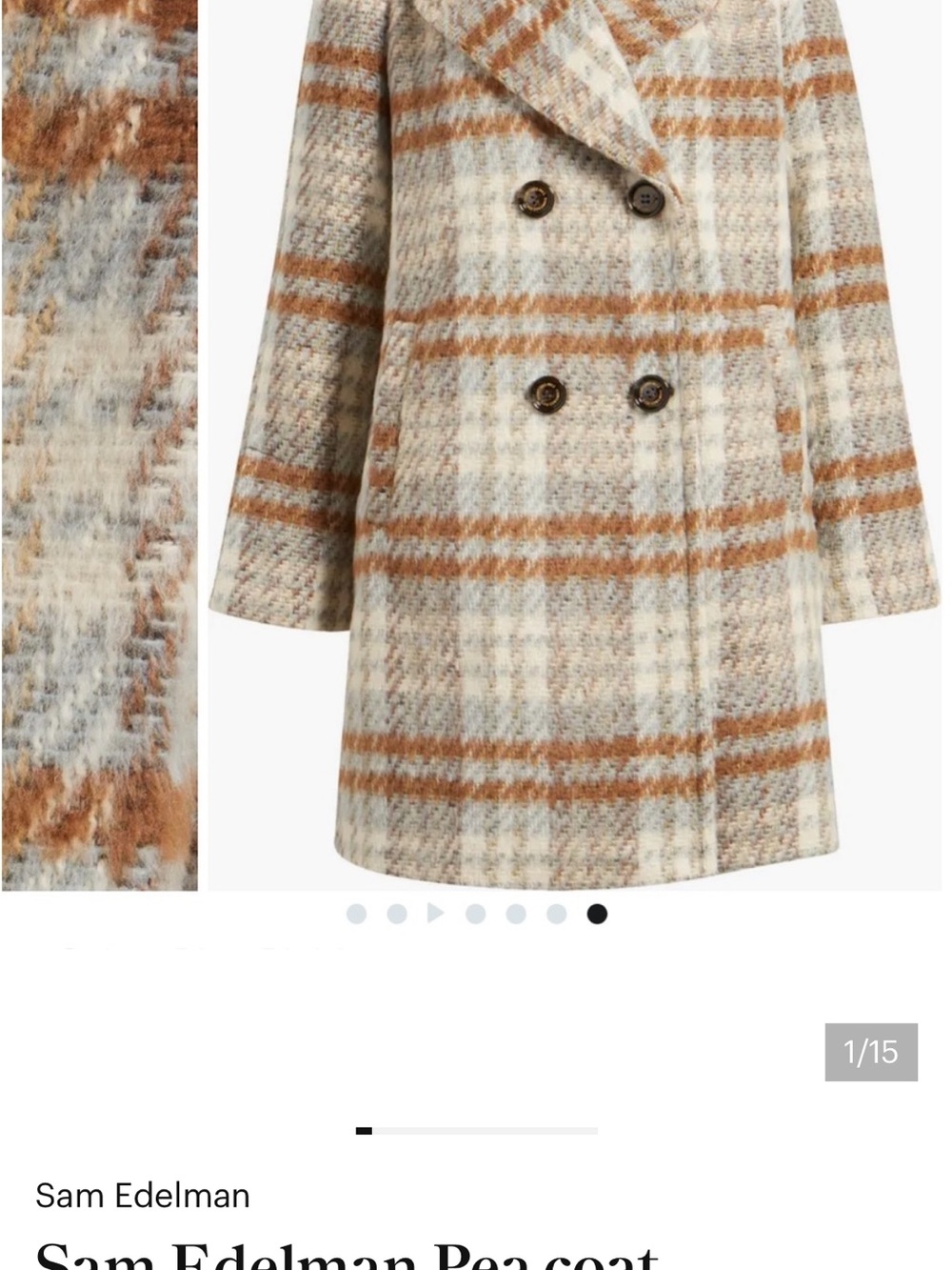 Sam Edelman Cream & Brown Plaid Double-Breasted Pea Coat